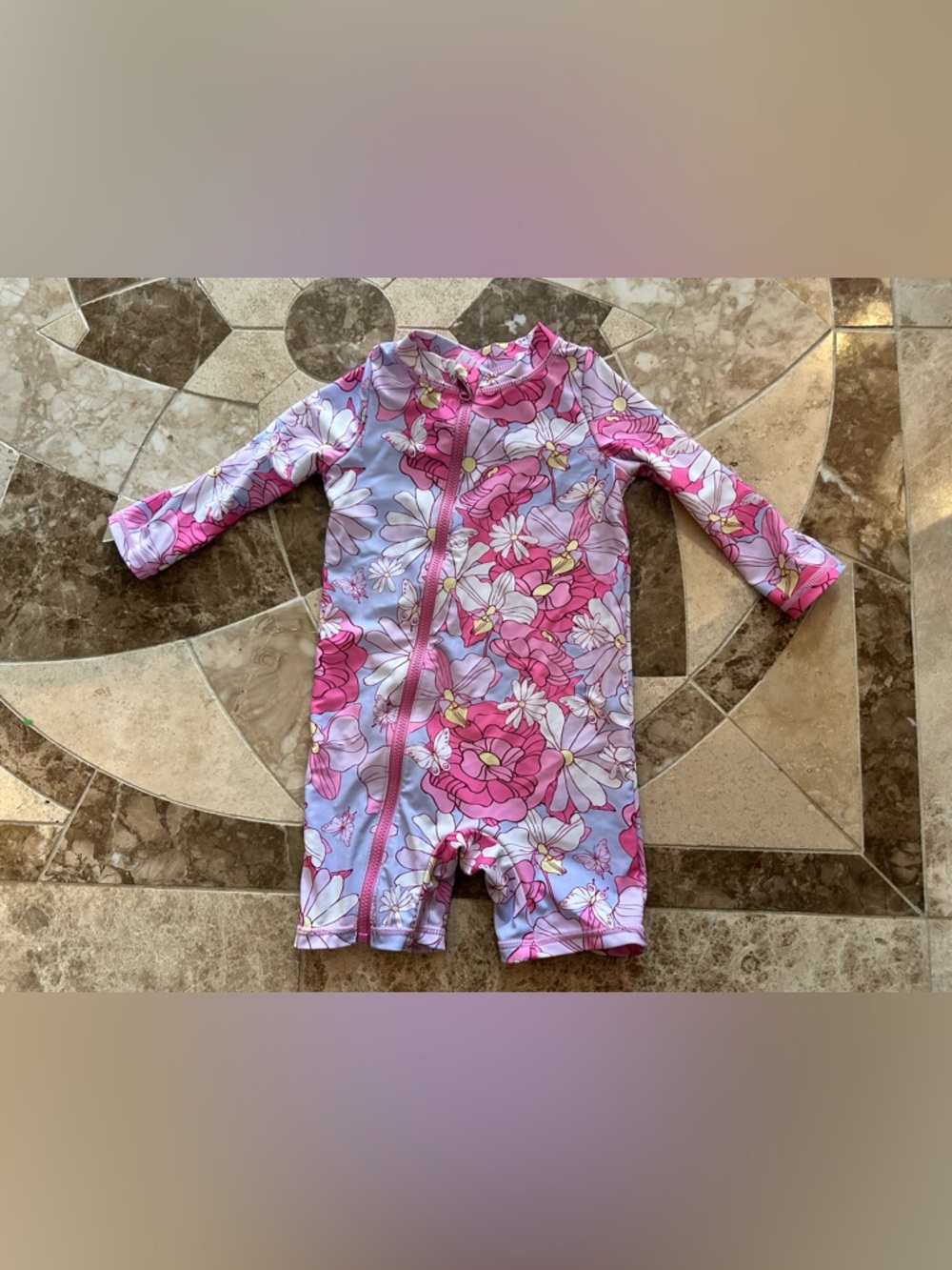 Floral Girls' Long Sleeve One-Piece Swimsuit - Pink & Light Blue